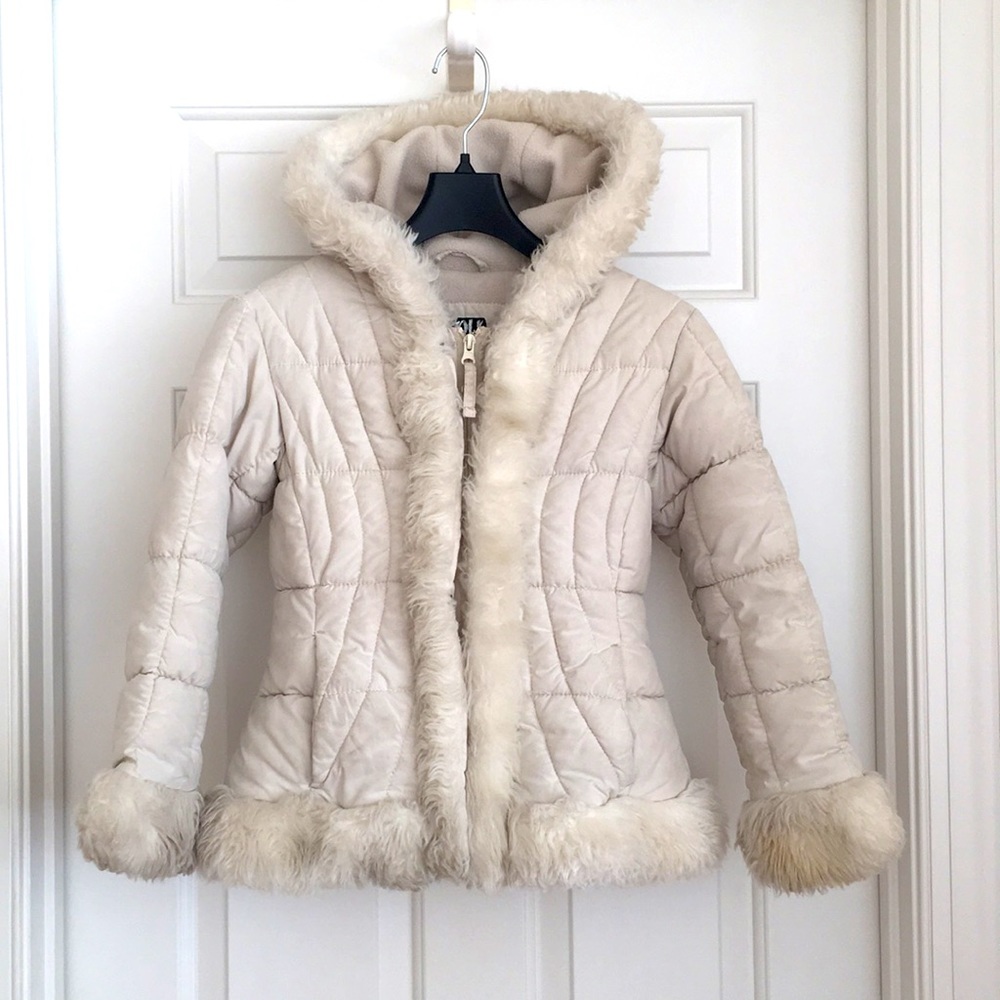 HP♥️ Triple Star Girls Puffer Jacket Small (7/8) Cream Hoodie Pockets Furry Edge